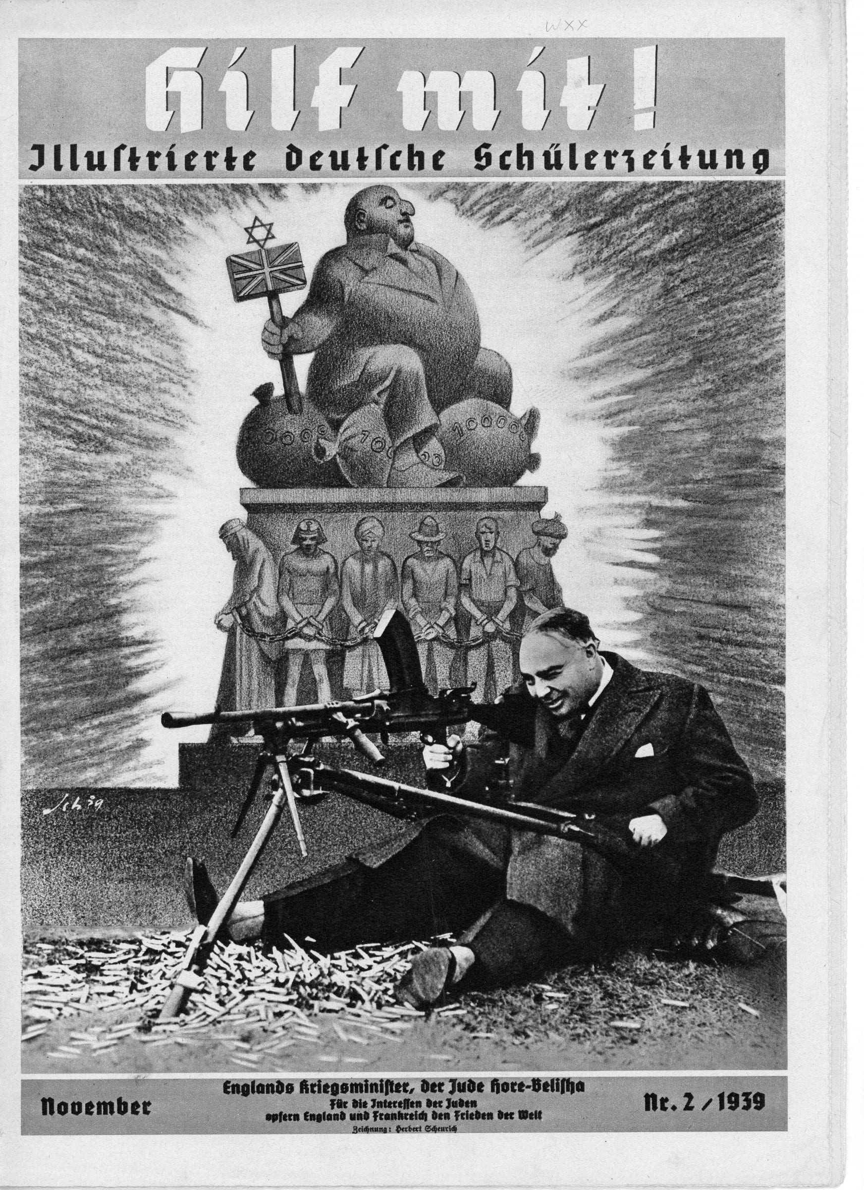 1939 German magazine showing English Jew sitting on bags of money above poor chained people